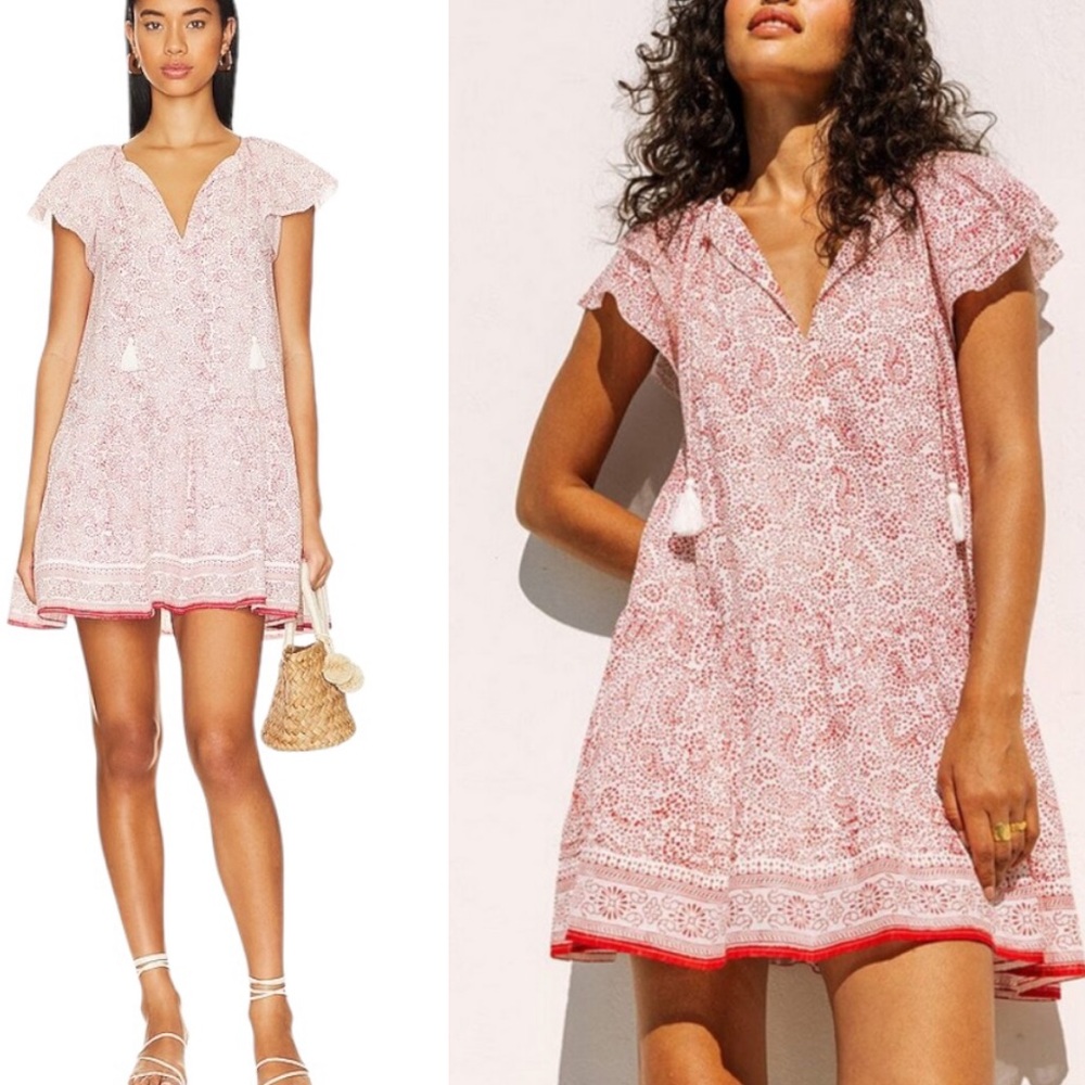 NEW Cleobella Jaya Red White Paisley Ditzy Printed Tie Neck Tassel Mini Dress  S